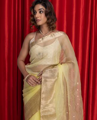 Lime green colorwomen embroidered woven design sarees 4