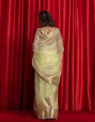 Lime green colorwomen embroidered woven design sarees 5