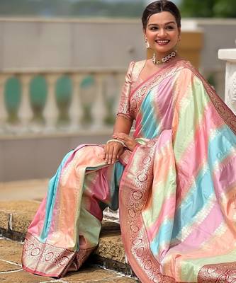 Multi soft art silk blend woven jacquard saree 5