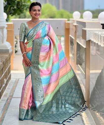 multi soft art silk blend woven jacquard saree 4