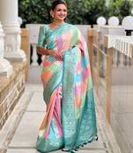 Aqua multicolor soft art silk woven jacquard saree