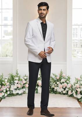 White jacquard plain solid full sleeve blazer for men 1