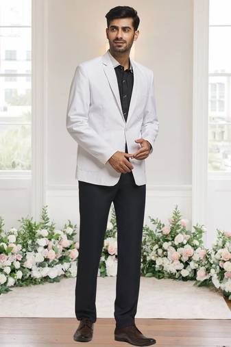 White jacquard plain solid full sleeve blazer for men