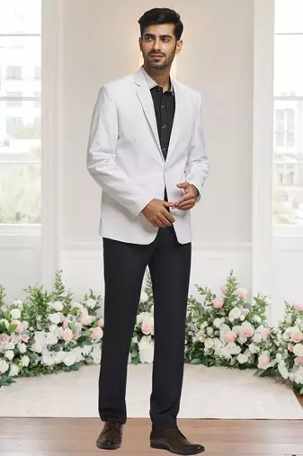 White jacquard plain solid full sleeve blazer for men