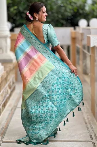 Aqua multi soft art silk blend woven jacquard saree