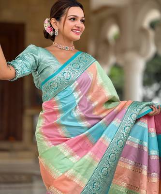 Aqua multi soft art silk blend woven jacquard saree 3