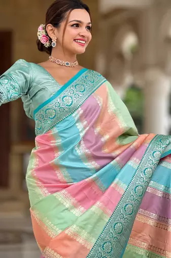 Aqua multi soft art silk blend woven jacquard saree