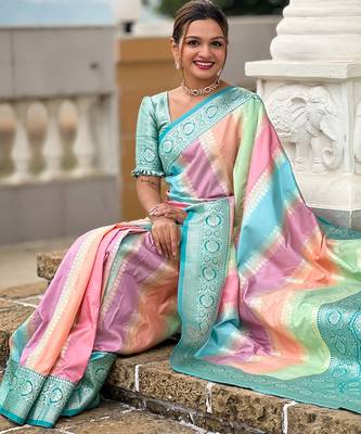 Aqua multi soft art silk blend woven jacquard saree 5