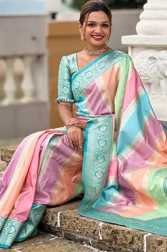 Aqua multi soft art silk blend woven jacquard saree