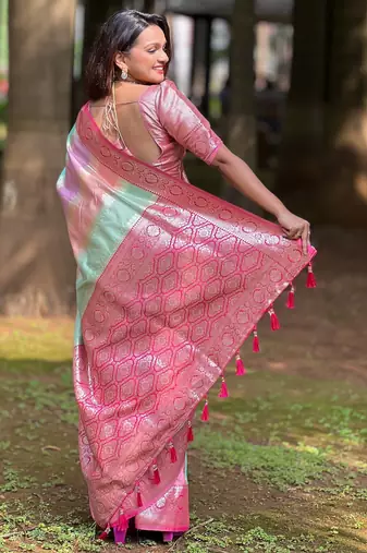 Pink soft art silk blend woven jacquard saree