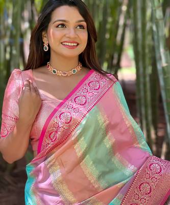 Pink soft art silk blend woven jacquard saree 3