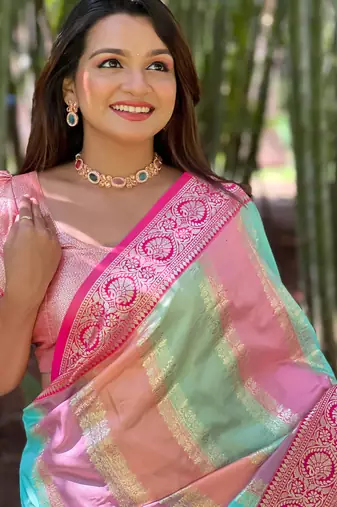 Pink soft art silk blend woven jacquard saree