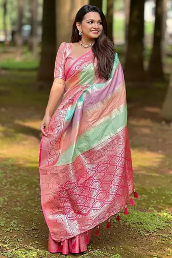 Pink soft art silk blend woven jacquard saree
