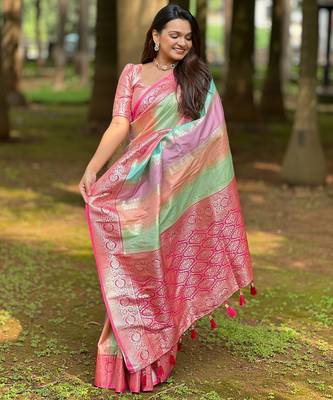 Pink soft art silk blend woven jacquard saree 5