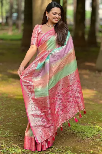 Pink soft art silk blend woven jacquard saree