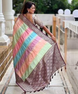 Wine multi soft art silk blend woven jacquard saree 2