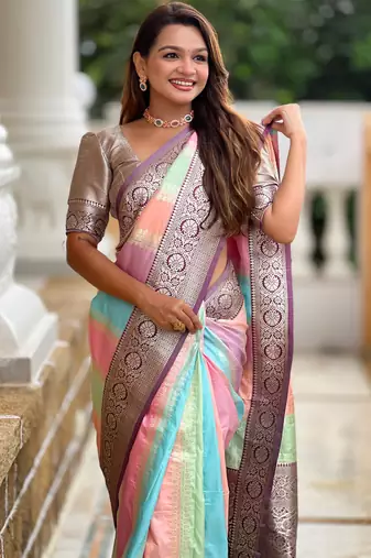 Wine multi soft art silk blend woven jacquard saree