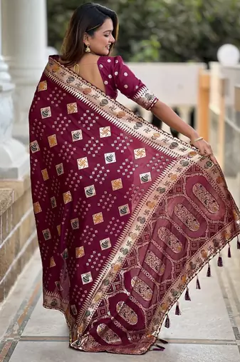 Woven meenakari maroon dola art silk blend saree