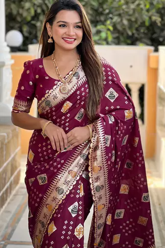 Woven meenakari maroon dola art silk blend saree