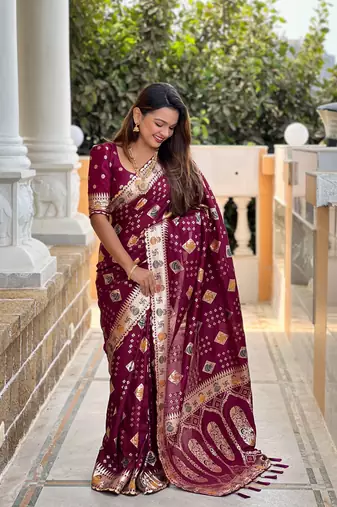 Woven meenakari maroon dola art silk blend saree
