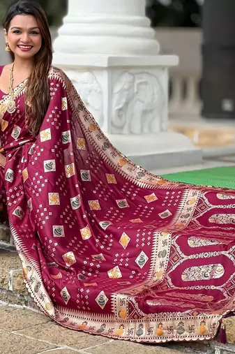 Woven meenakari maroon dola art silk blend saree