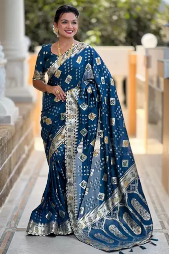 Woven meenakari teal blue dola art silk saree