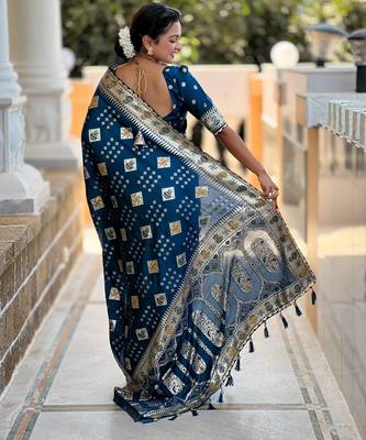 Woven meenakari teal blue dola art silk blend saree 2