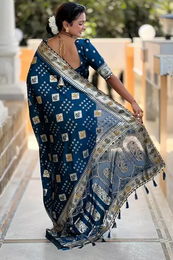 Woven meenakari teal blue dola art silk blend saree