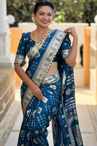Woven meenakari teal blue dola art silk blend saree