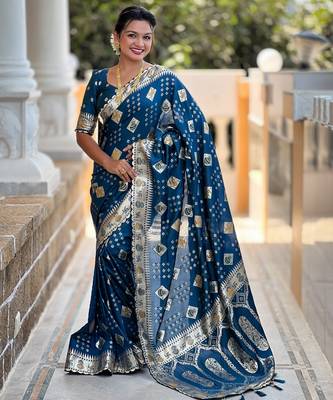 Woven meenakari teal blue dola art silk blend saree 4