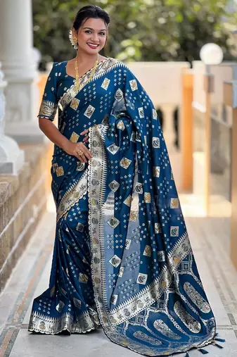 Woven meenakari teal blue dola art silk blend saree