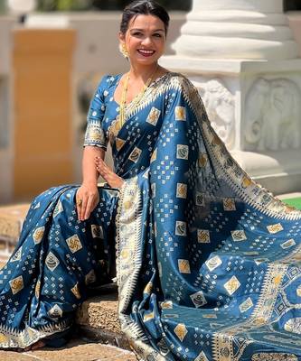 Woven meenakari teal blue dola art silk blend saree 5