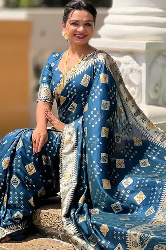 Woven meenakari teal blue dola art silk blend saree