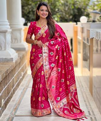 Woven meenakari pink dola art silk blend saree 1