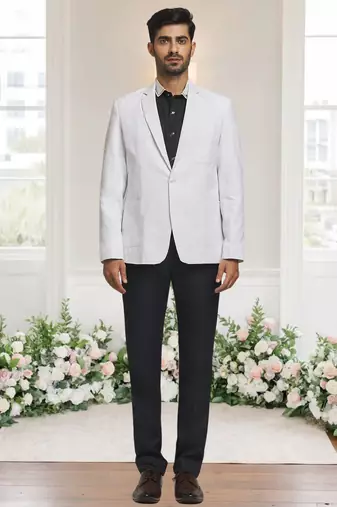 White jacquard plain solid full sleeve blazer for men