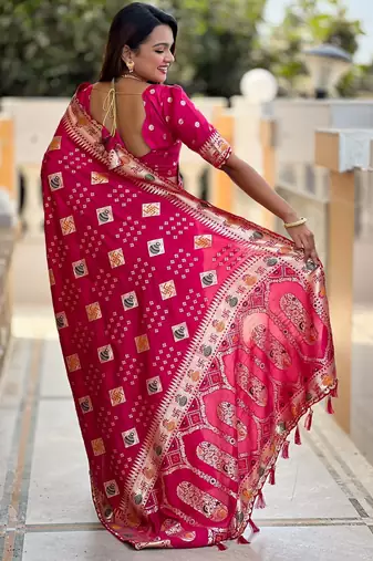 Woven meenakari pink dola art silk blend saree