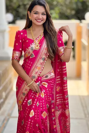 Woven meenakari pink dola art silk blend saree