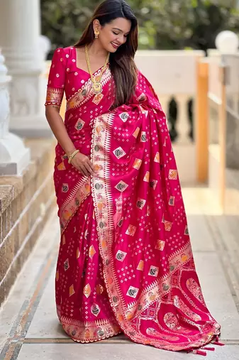 Woven meenakari pink dola art silk blend saree