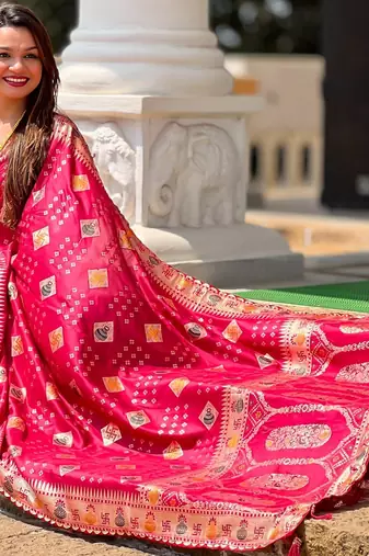 Woven meenakari pink dola art silk blend saree