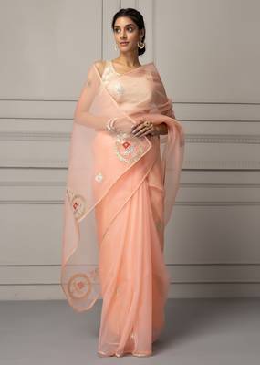 Peach embellished organza saree 5