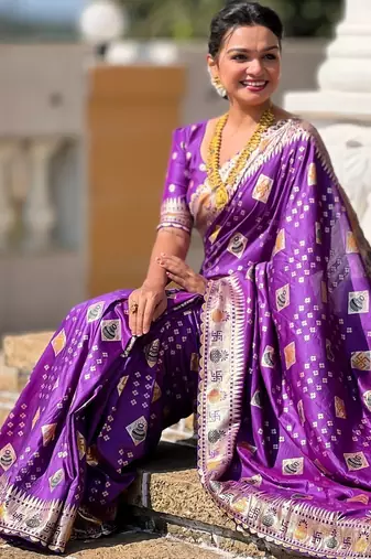 Woven meenakari violet dola art silk blend saree