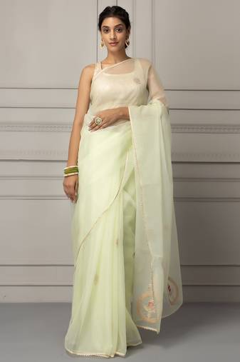 Sea green & silver-toned embellished gotta patti organza saree