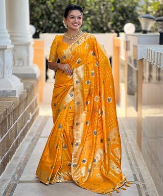 Woven meenakari yellow dola art silk blend saree 1