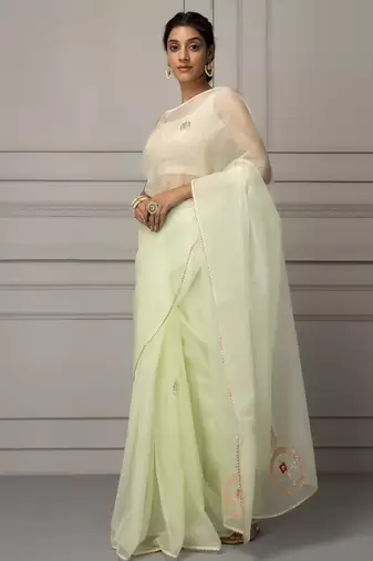 Sea green & silver toned embellished gotta patti organza saree