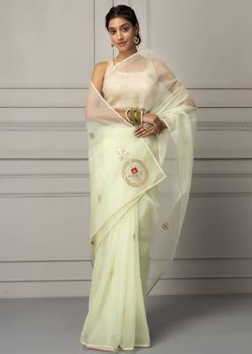 Sea green & silver toned embellished gotta patti organza saree 3