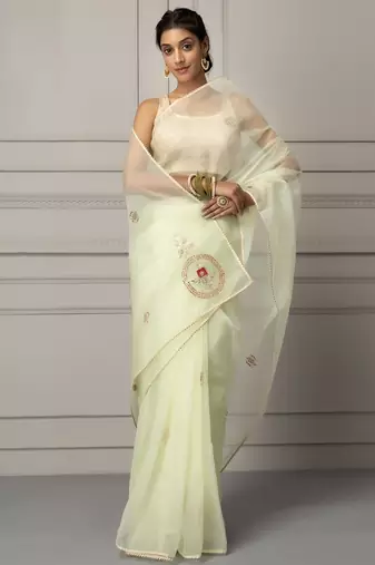 Sea green & silver toned embellished gotta patti organza saree