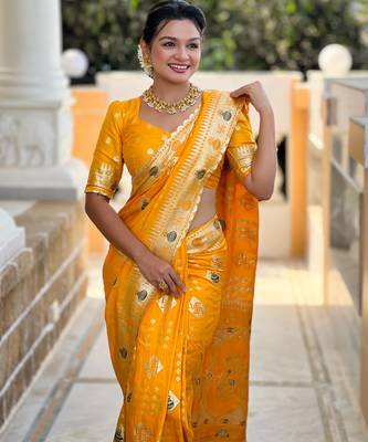 Woven meenakari yellow dola art silk blend saree 3