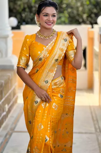 Woven meenakari yellow dola art silk blend saree