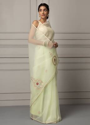 Sea green & silver toned embellished gotta patti organza saree 4
