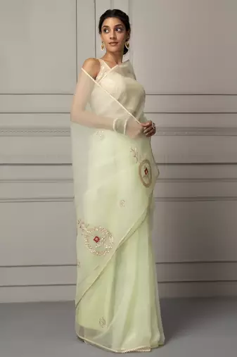 Sea green & silver toned embellished gotta patti organza saree